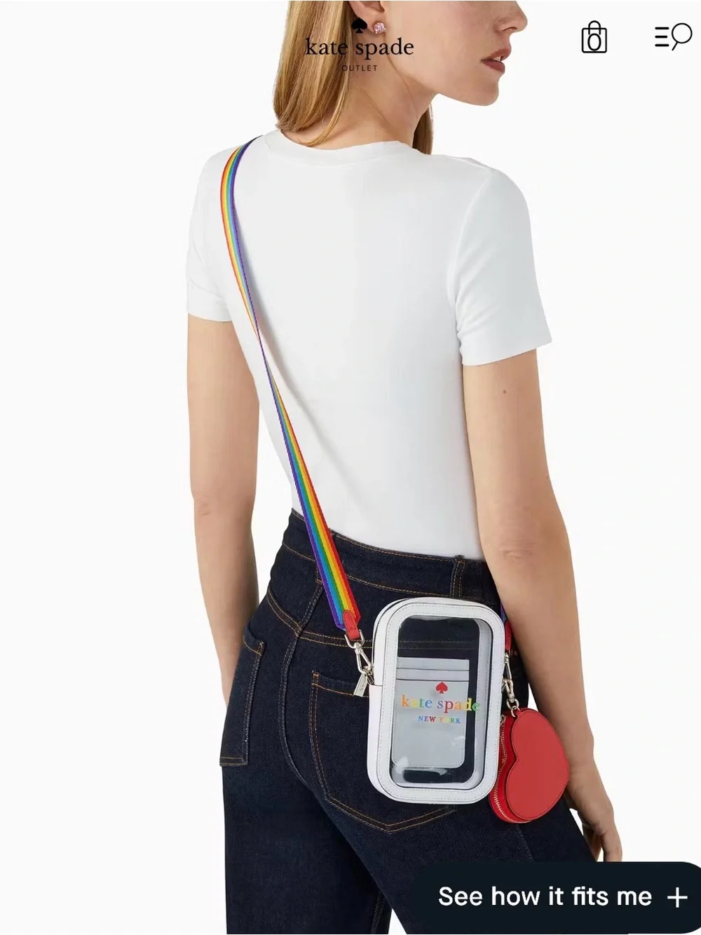 kate spade White Clear Crossbody with Red Heart Coin Pouch and Rainbow Strap